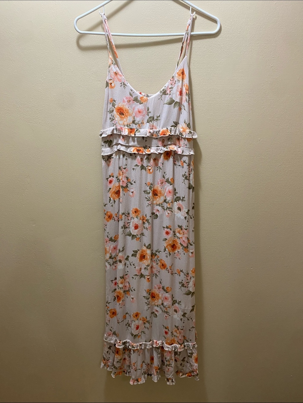 Floral Ruffle Spaghetti Strap Dress - Cream and Orange-Medium Summer Fall